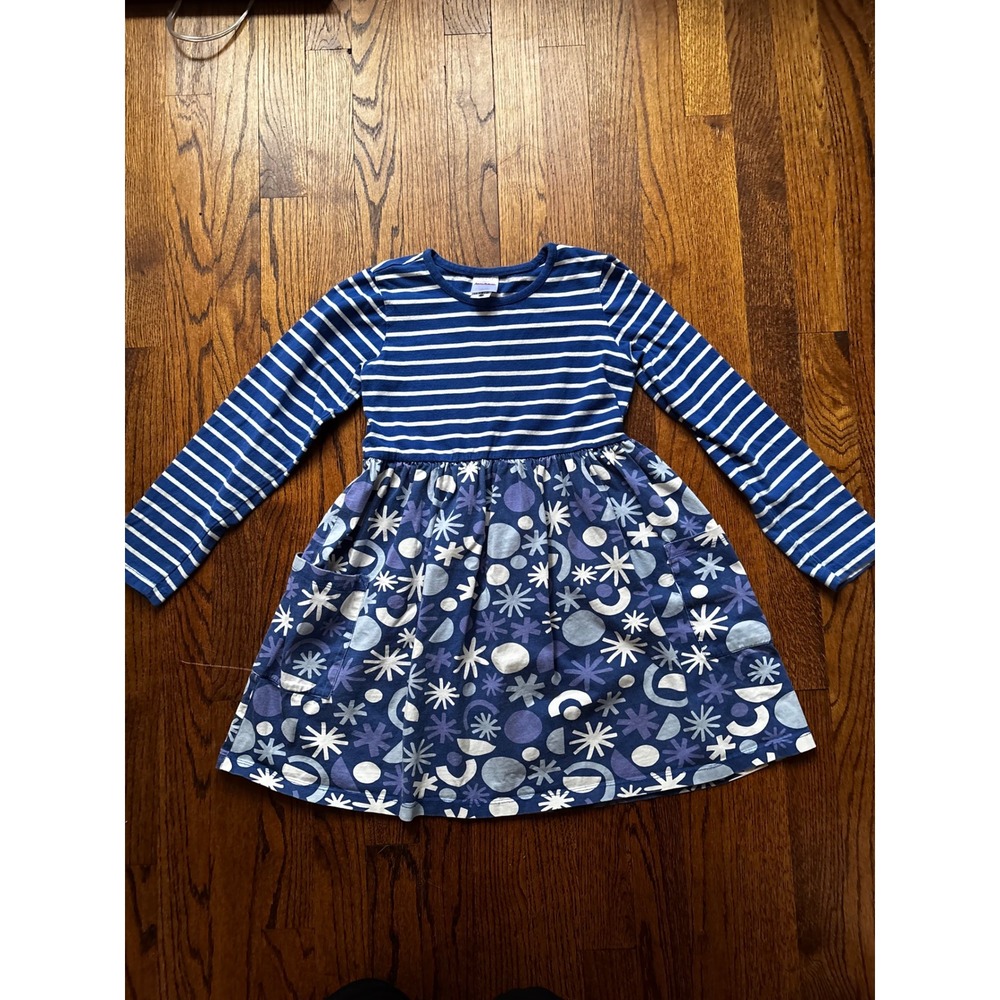 Hanna Andersson Girls Blue Striped Geometric Long Sleeve Pocket Dress Size 130 8